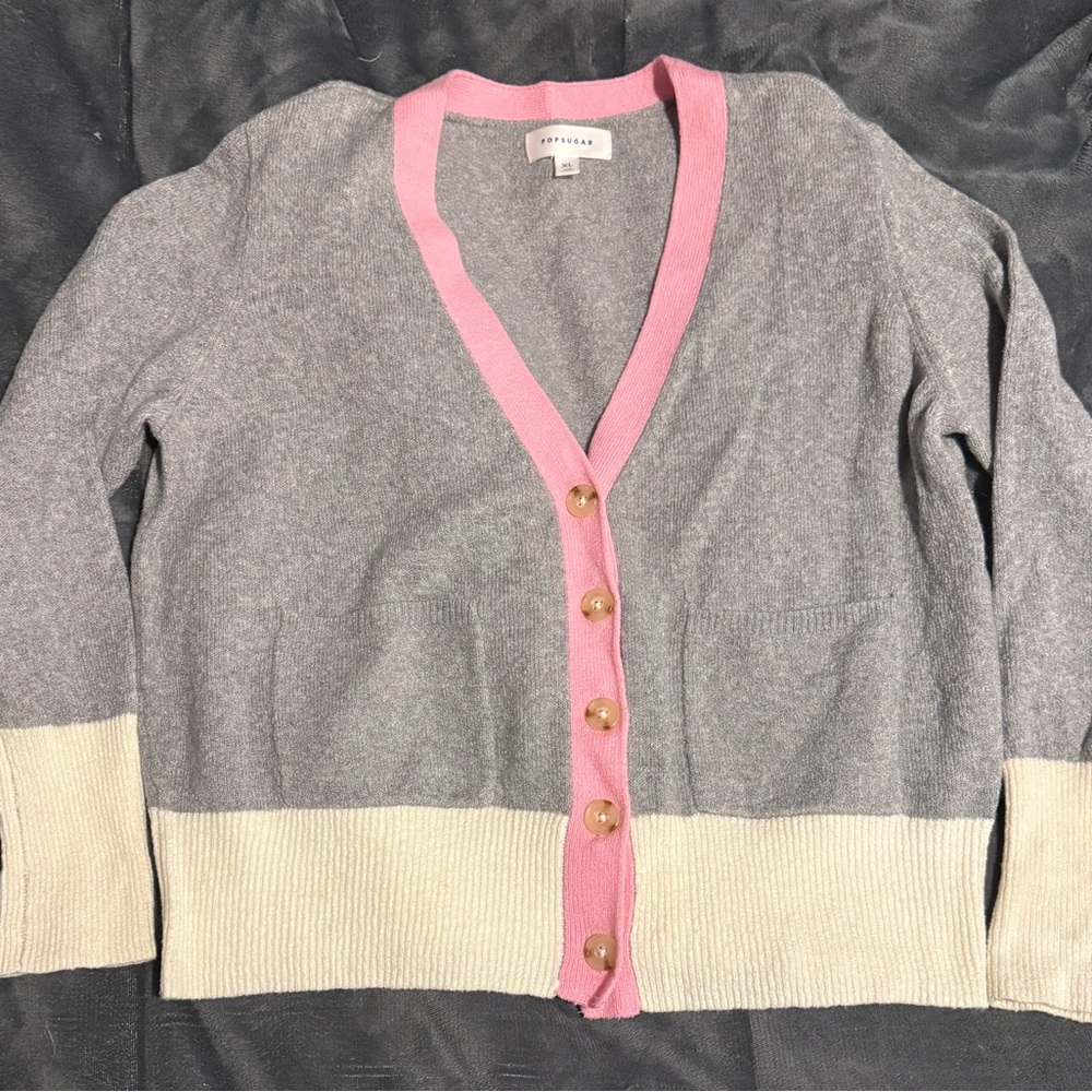 POPSUGAR Gray and Pink Cardigan with Cream Accents